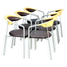 Série de 6 fauteuils danois en inox, et bois, assises en cuir marron foncé des années 1990