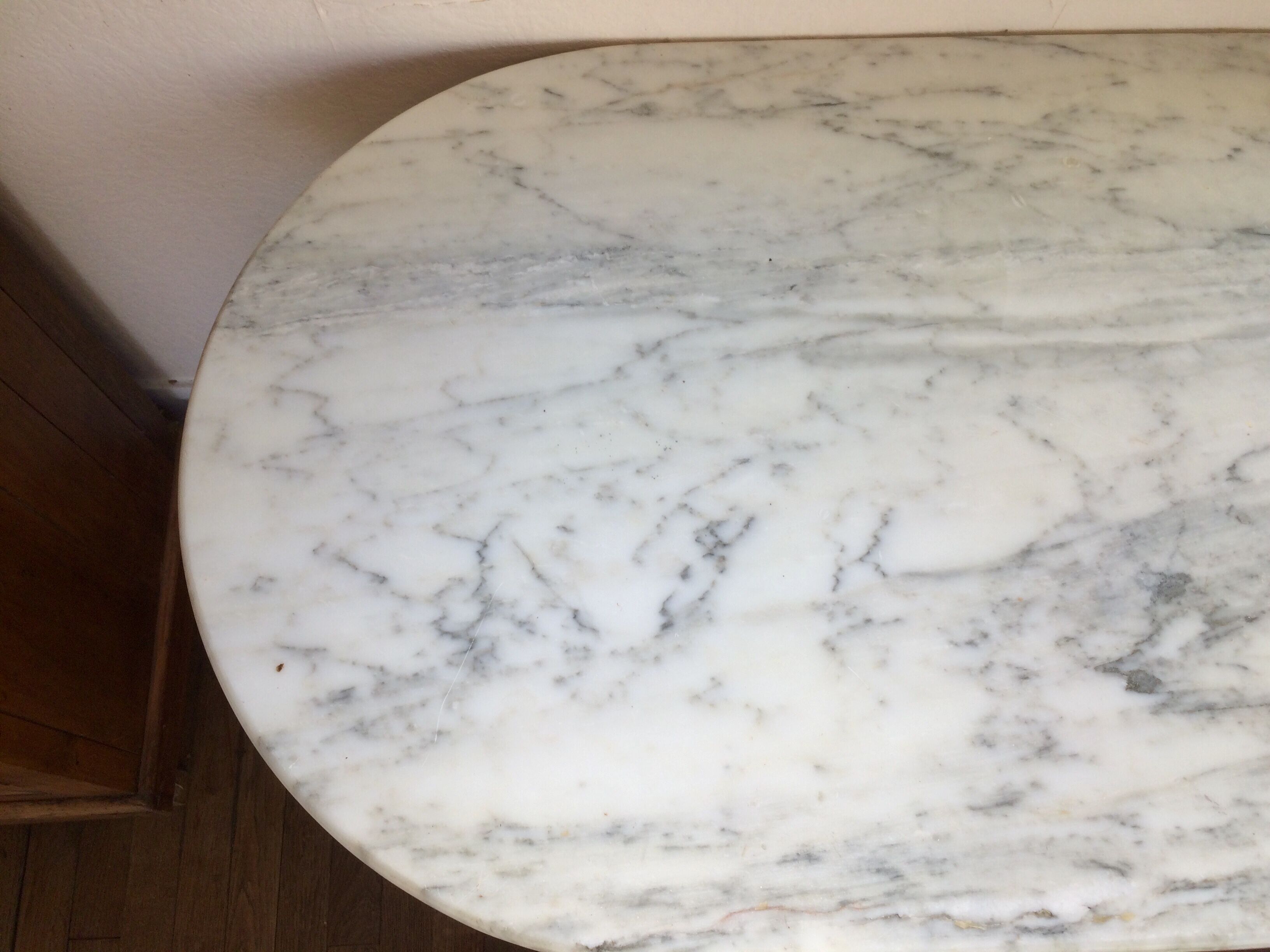 Marble oval tray bistro table and cast iron frame