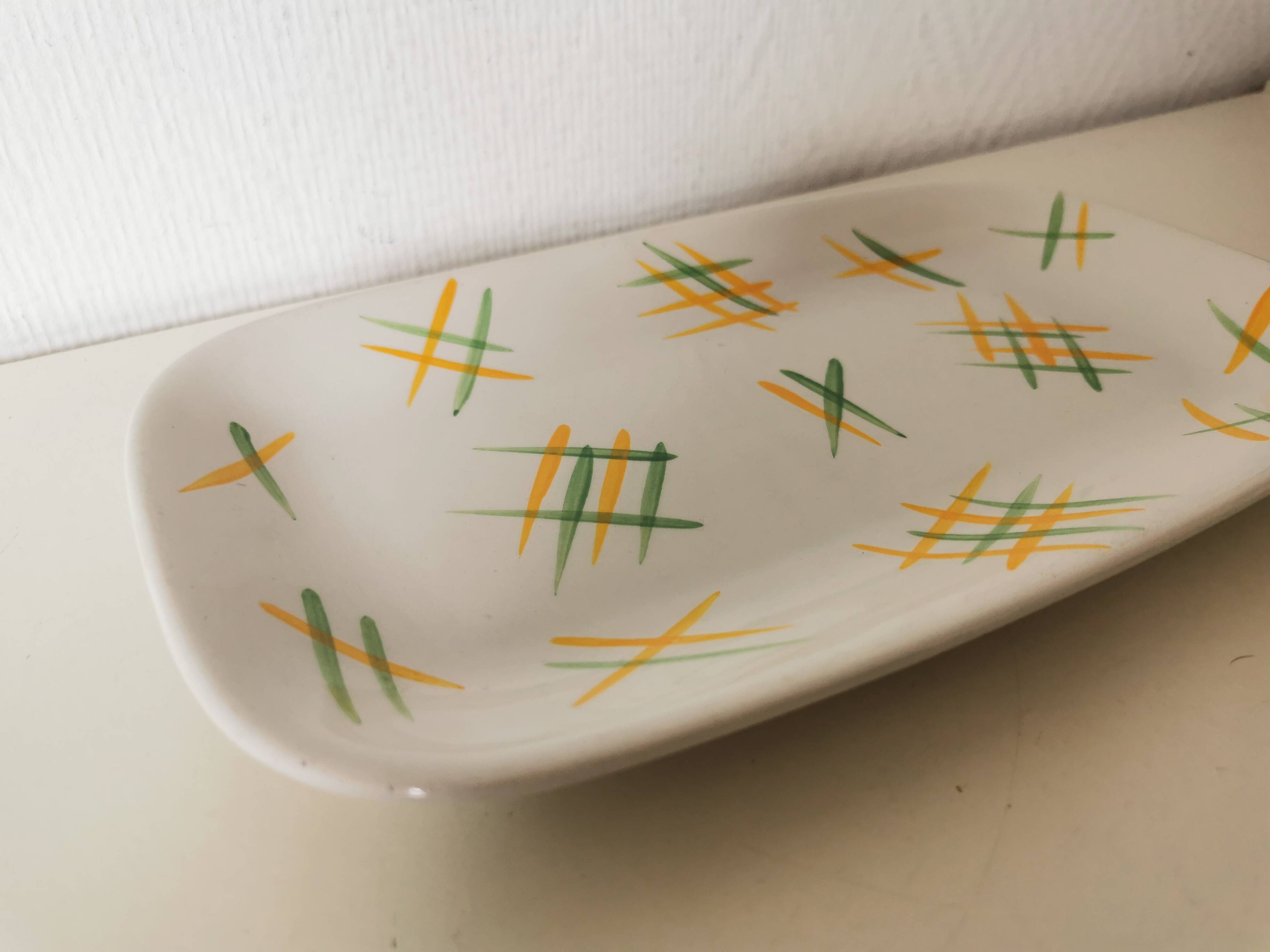 Lunéville rectangular dish/dish with green and yellow geometric pattern