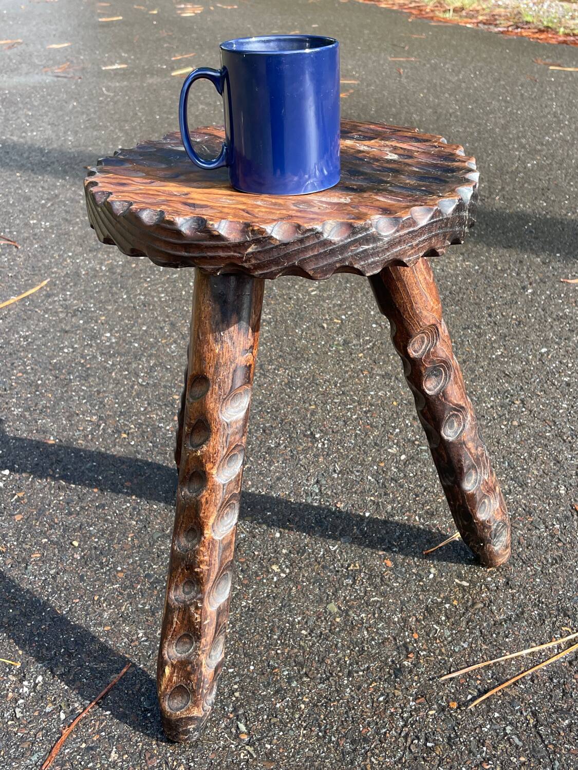 Brutalist low tripod wooden stool