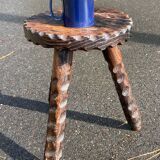 Brutalist low tripod wooden stool
