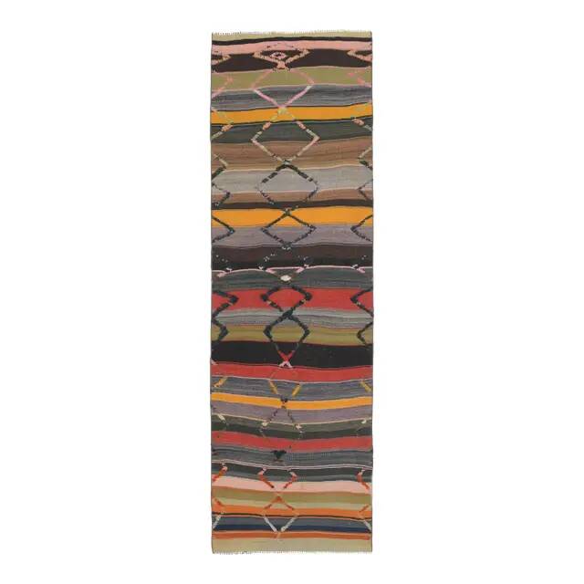 1970s Vintage Turkish Oushak Handmade  Colorful Runner Rug 84x275