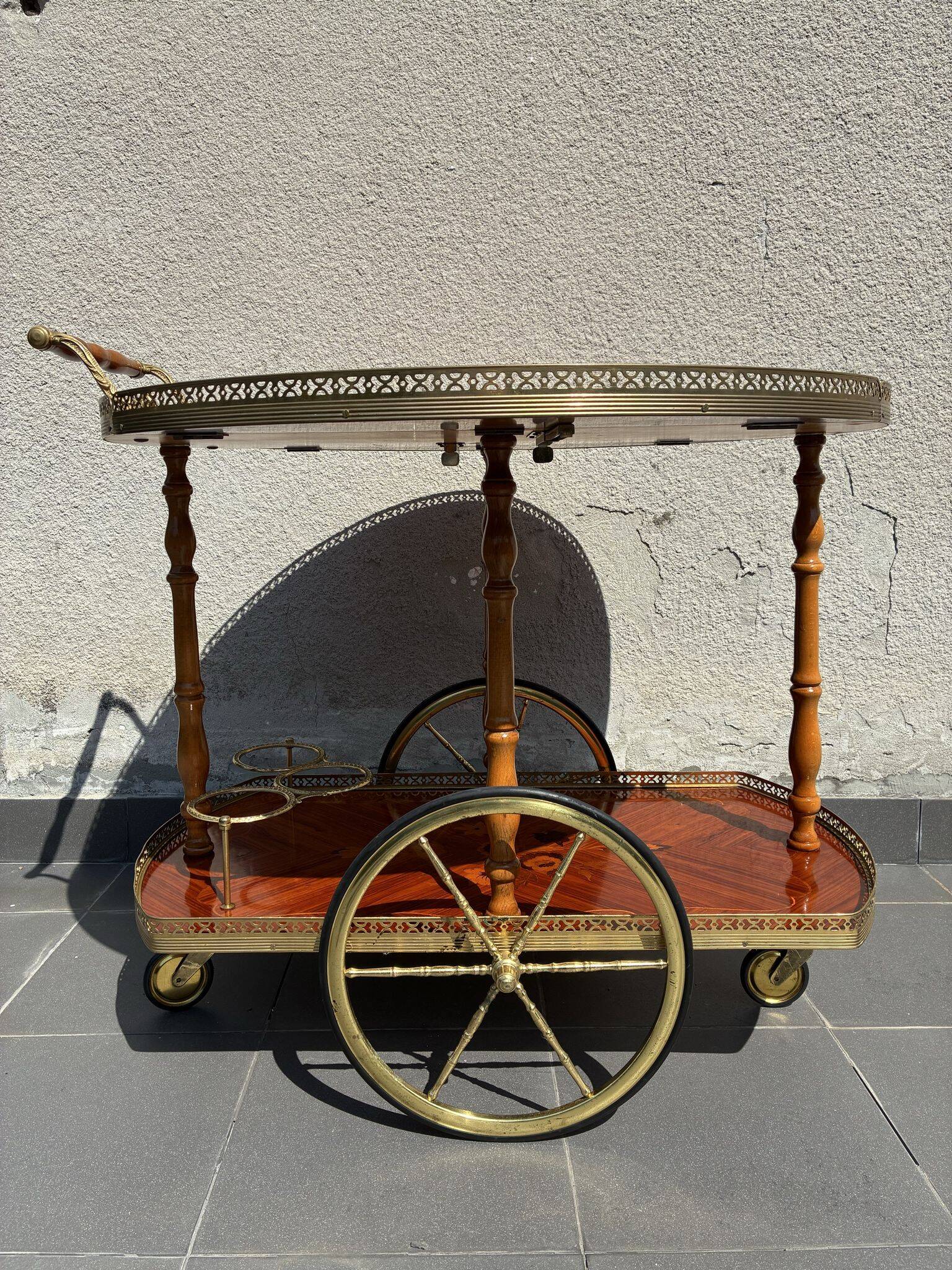 Italian marquetry and brass drinks trolley, mid-20th century