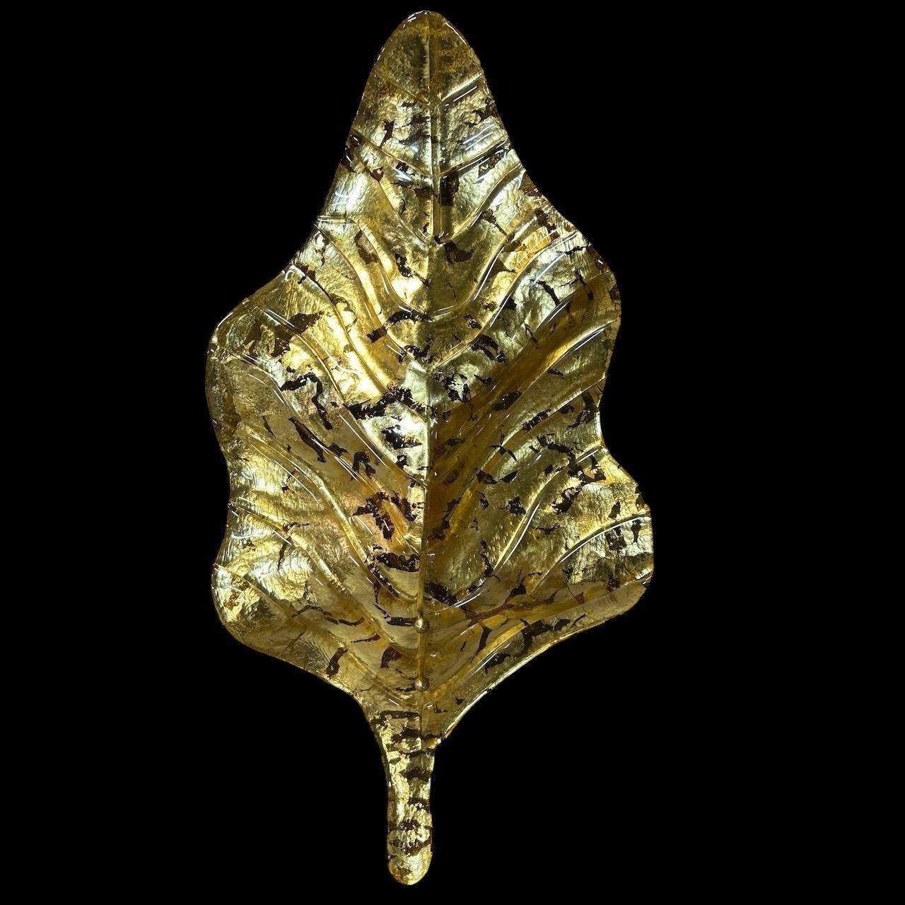 Large Pair of Murano Gilded Glass Leaf Wall Lights - Italy Circa 1980 H 67 cm