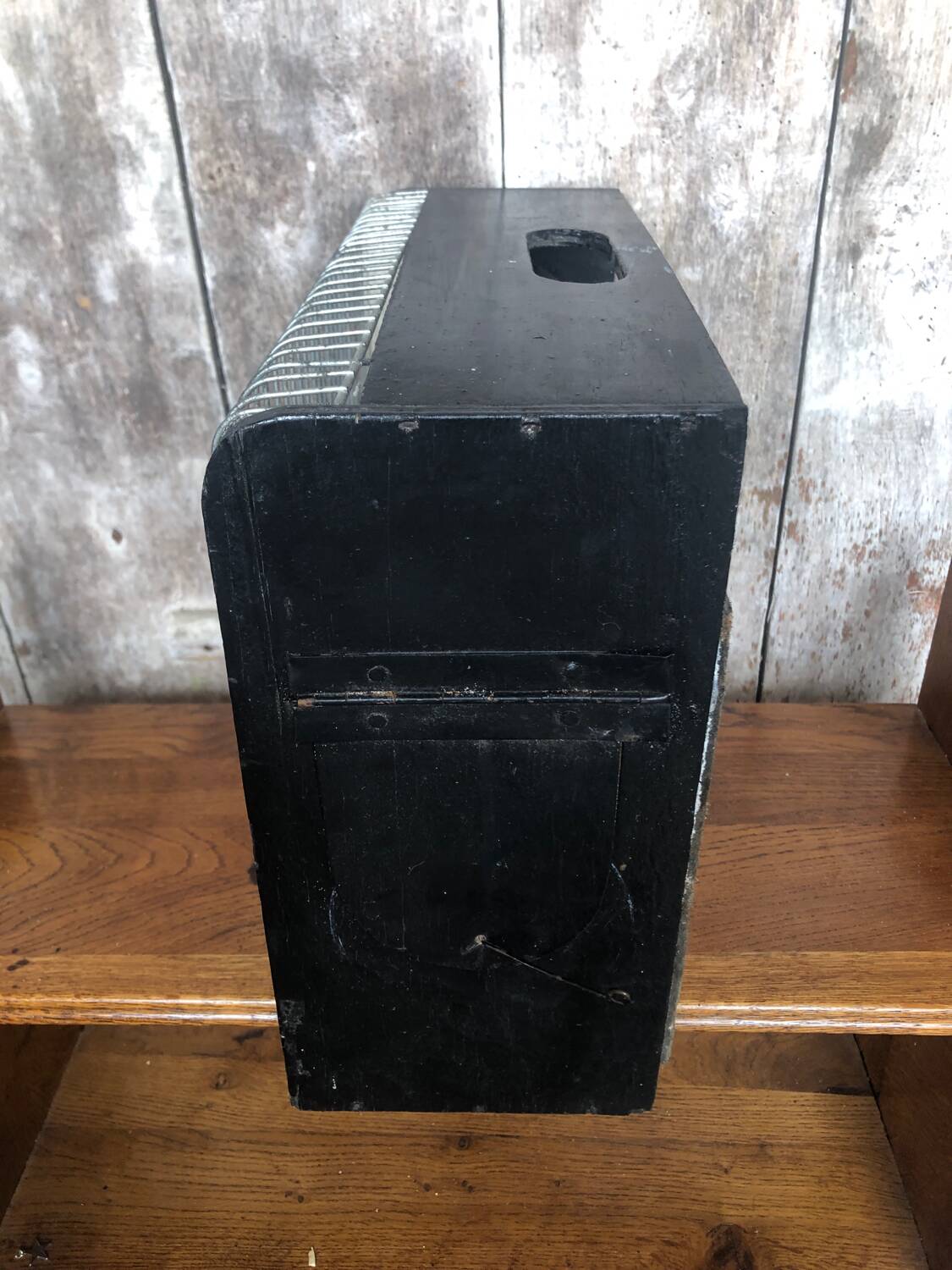 Old small bird cage caoa wood + metal + plastic tray vintage