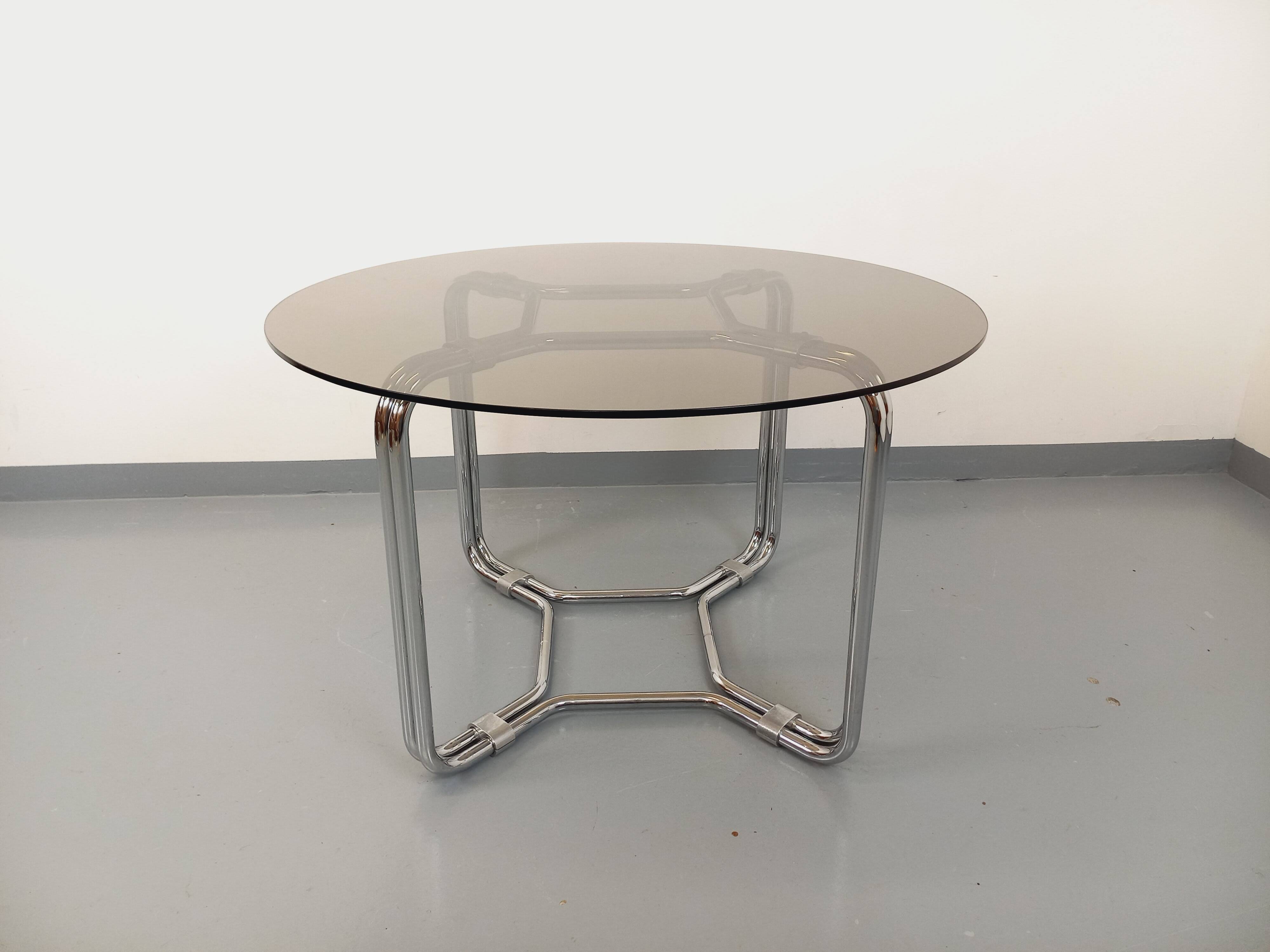 Vintage round dining table in smoked glass and chrome metal