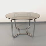 Vintage round dining table in smoked glass and chrome metal