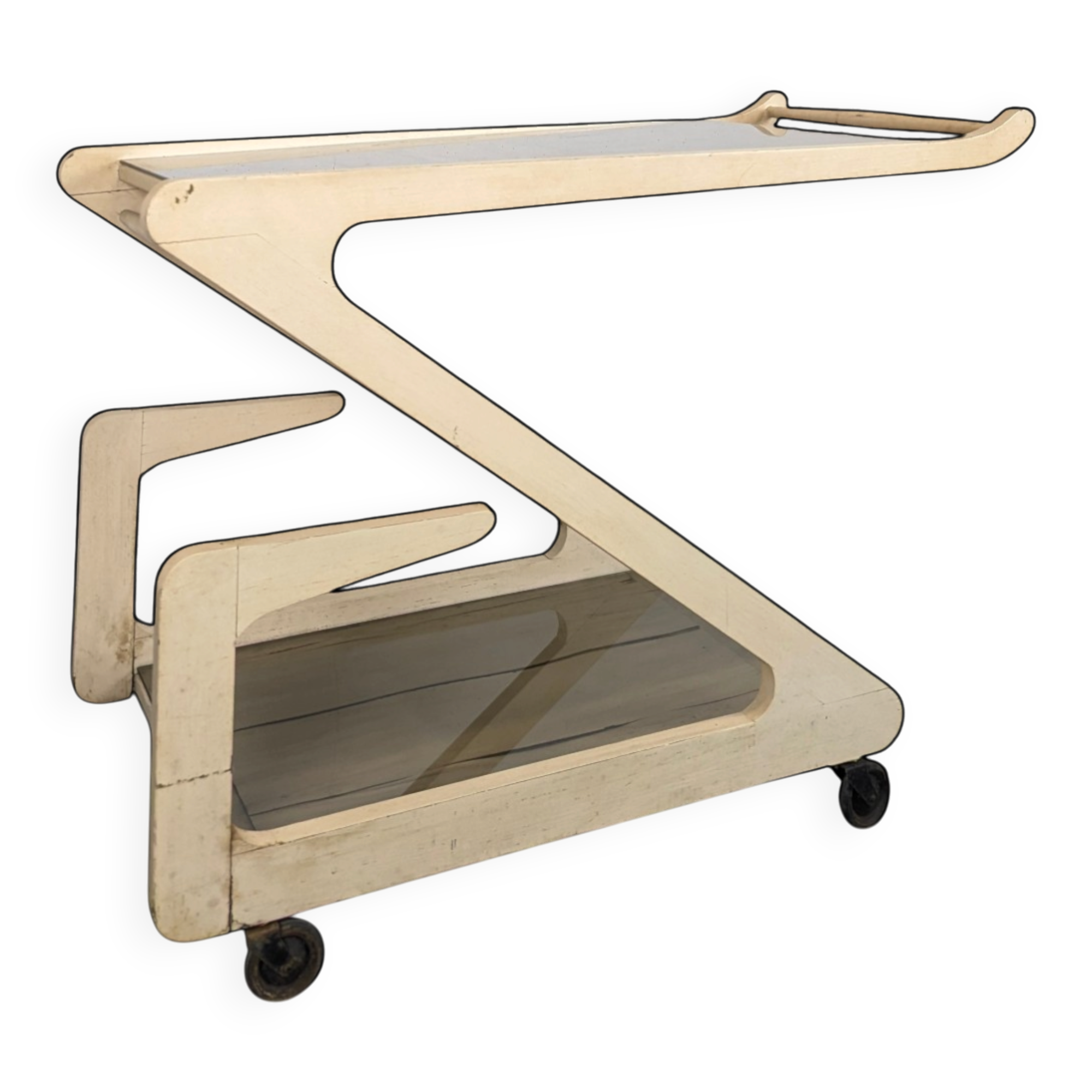 White lacquered Z-shaped rolling dessert trolley with smoked glass from the 1970s.