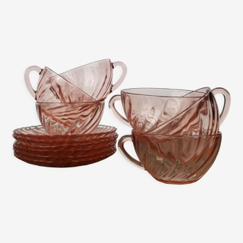 Set of 6 coffee cups and pink saucers Arcoroc