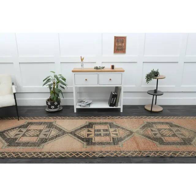 1970s Vintage Turkish Oushak Handmade Wool Cotton Orange Runner Rug 122x384