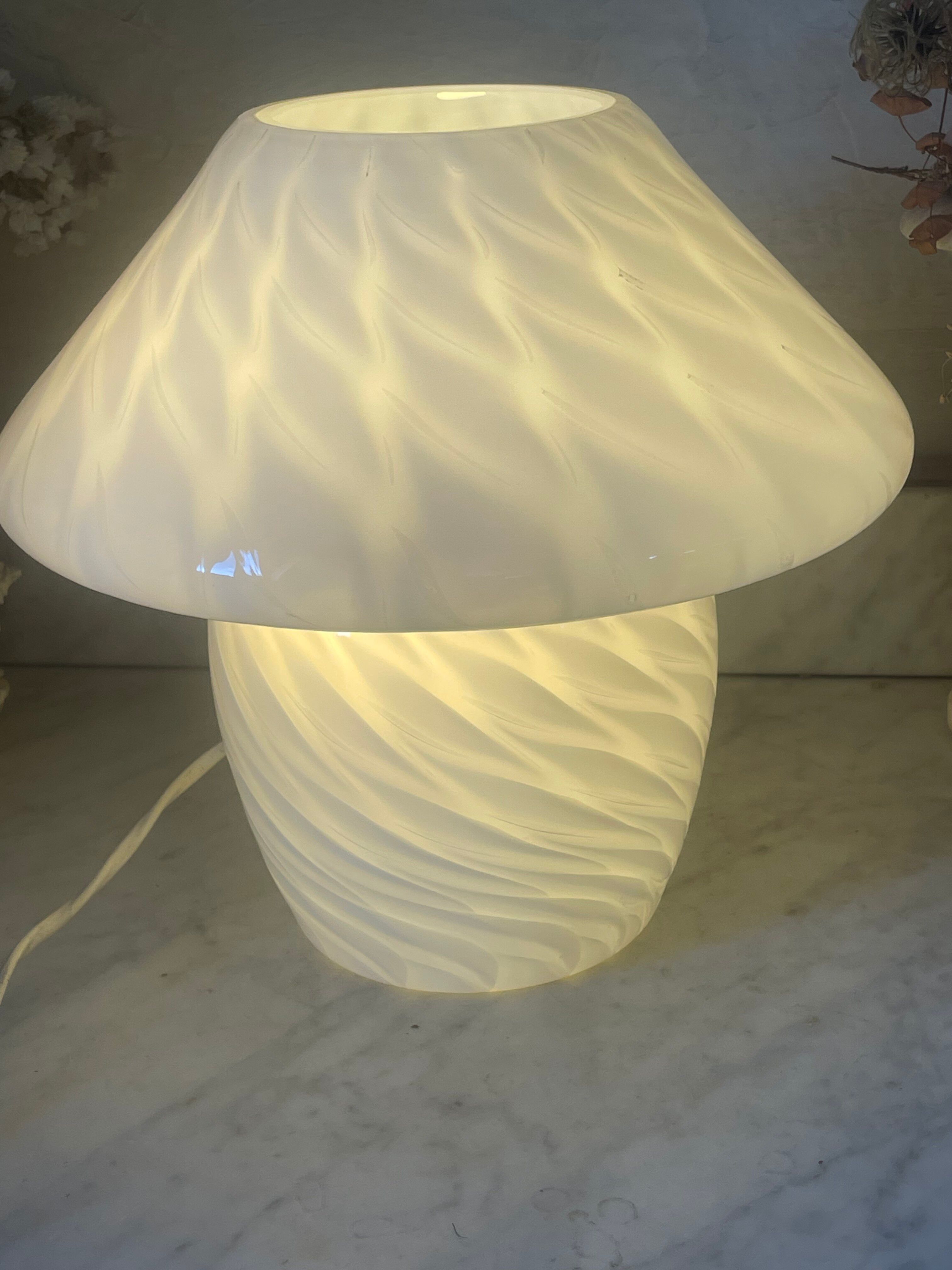 Mushroom lamp, Murano glass in textured opaline, "braided" effect.