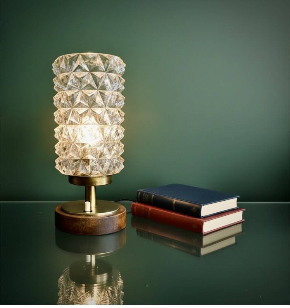 Vintage Mid-Century Scandinavian lamp in wood, brass, and pressed glass with spikes.