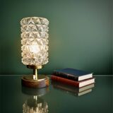 Vintage Mid-Century Scandinavian lamp in wood, brass, and pressed glass with spikes.