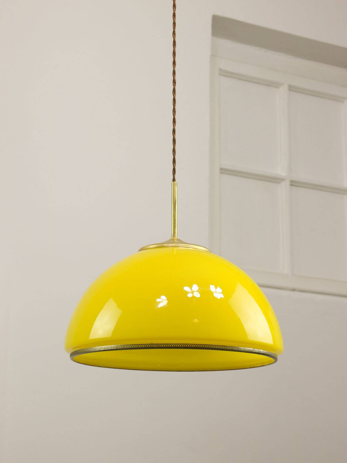 Mid-Century Italian Yellow Glass and Brass Pendant Lamp