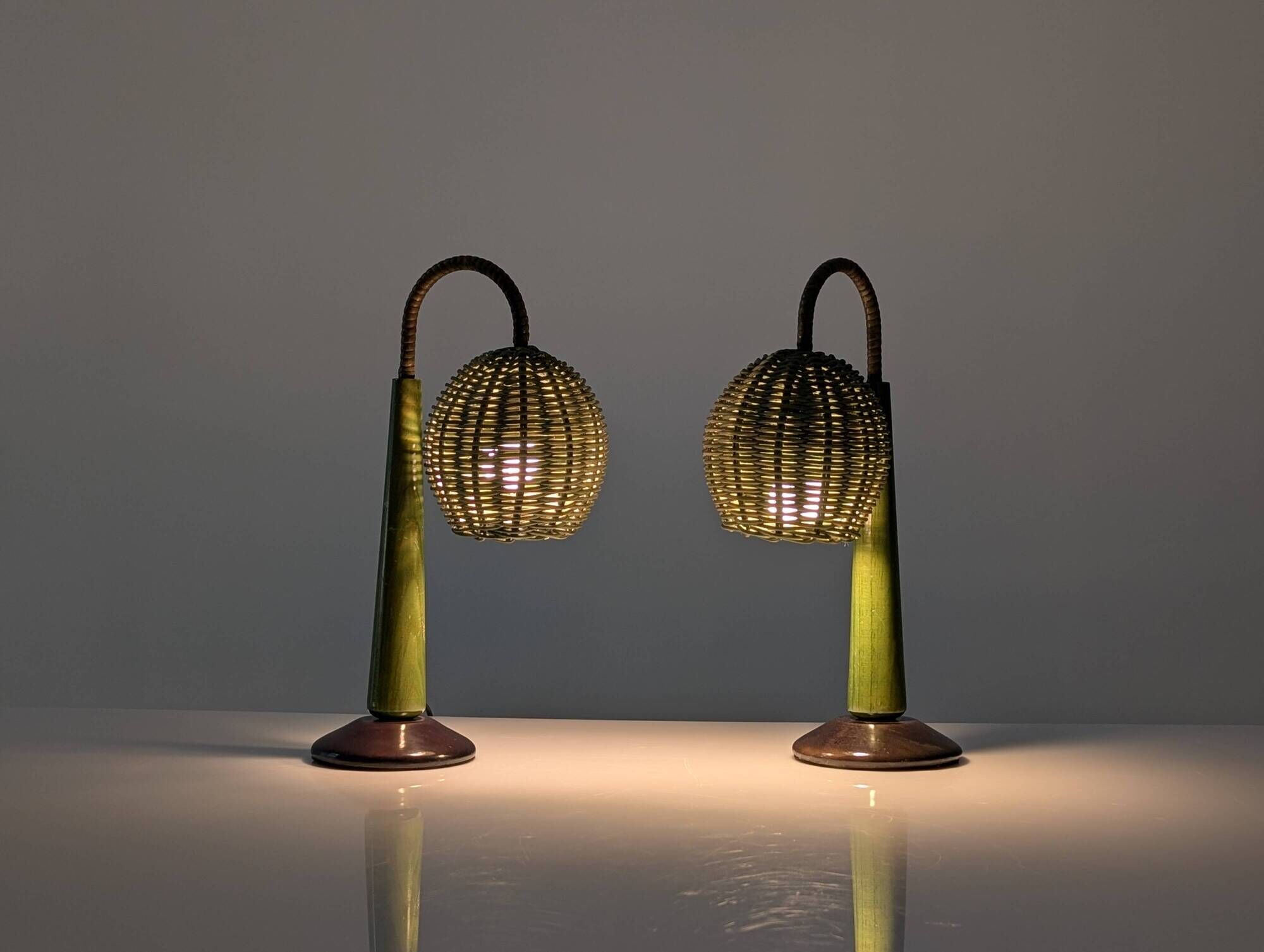 Organic Modern Mario Lopez Torres Style Green Rattan Lamps 1980s