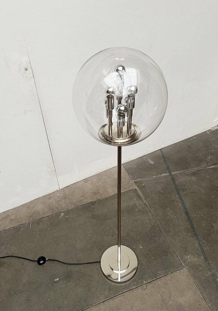 Spherical chrome and glass planetary floor lamp from the mid-century German space age by Doria Leuchten, 1960s.