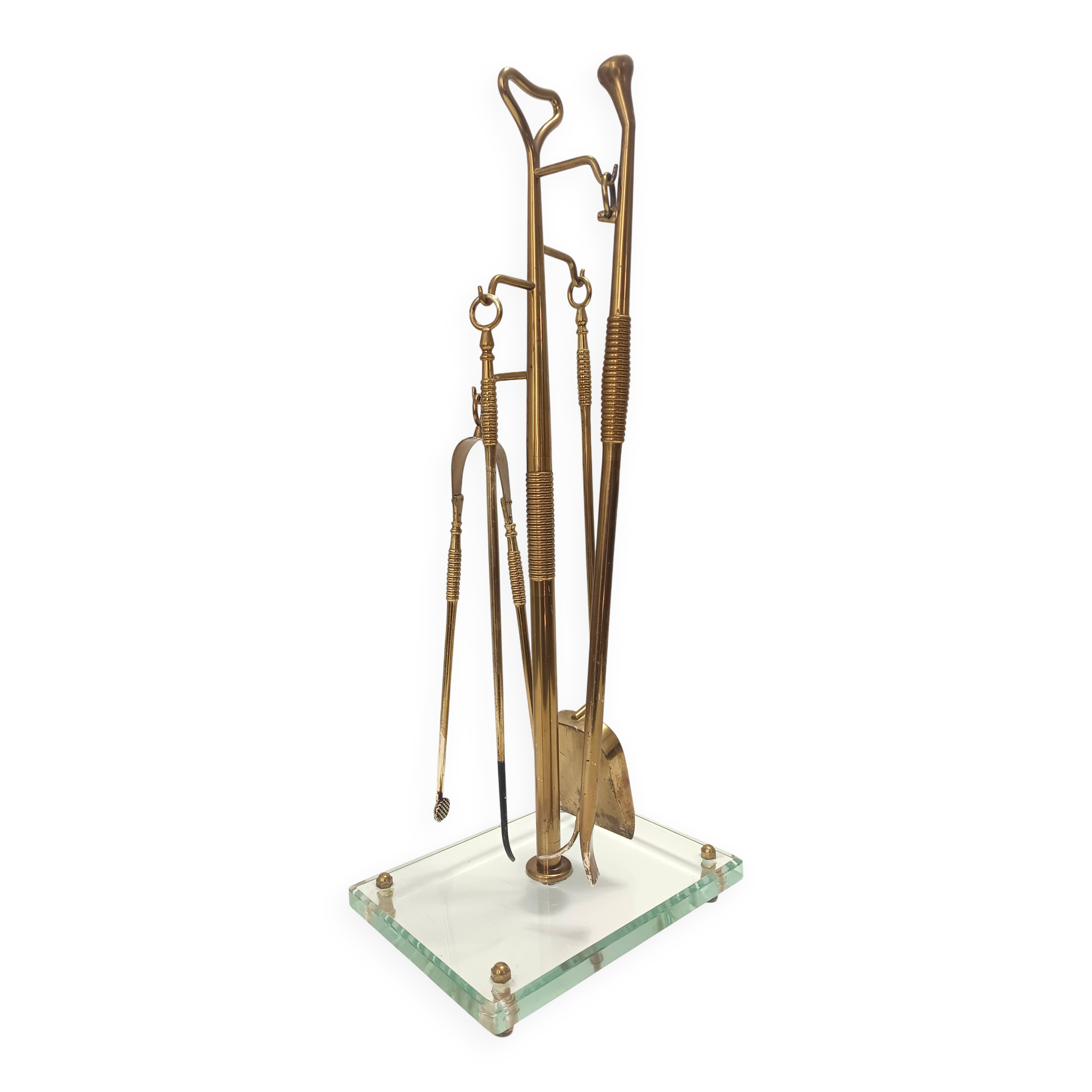 Brass, Iron and Thick Glass Fireplace Tools Set attr. to Fontana Arte