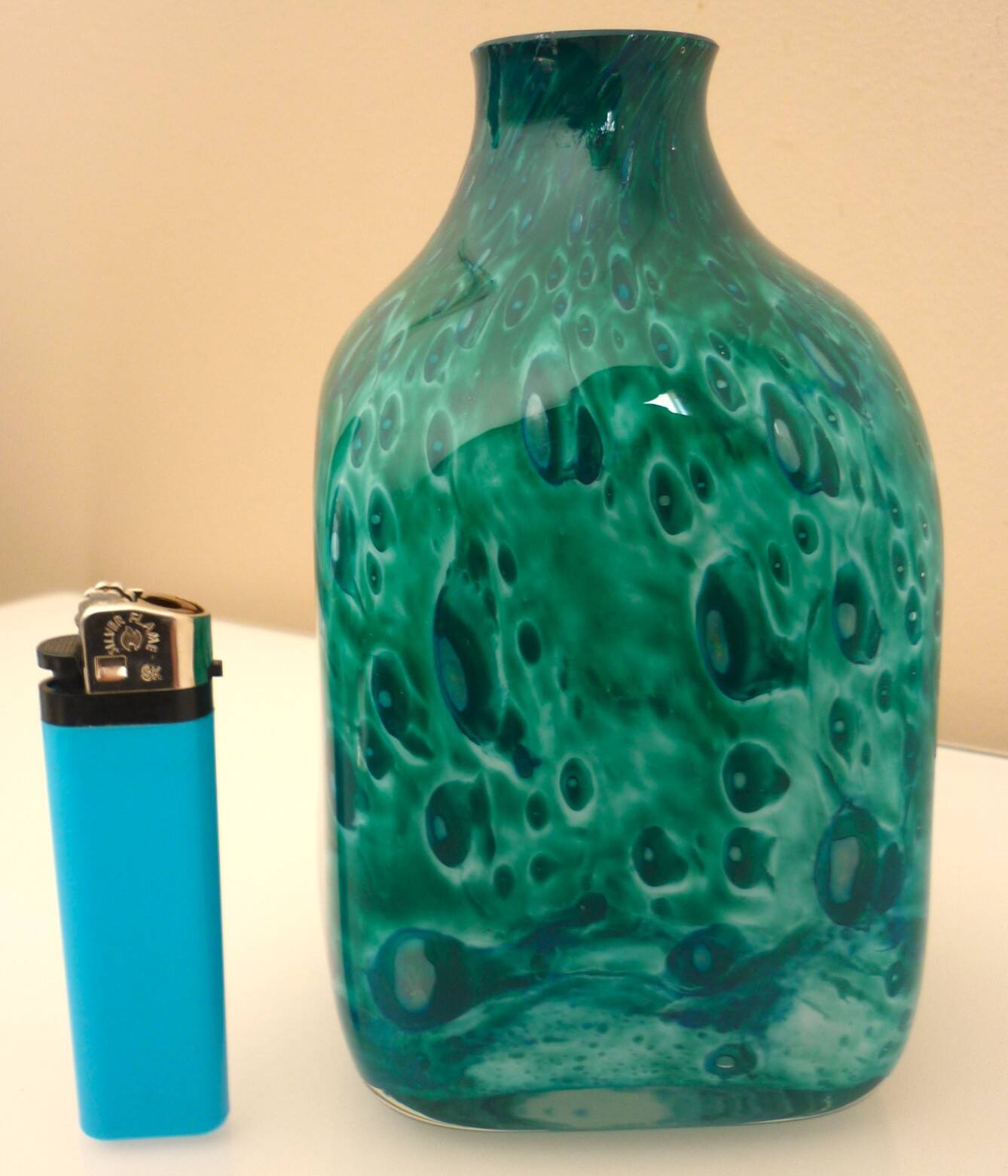 White multi-layer blown glass bottle vase with blue and green inclusions