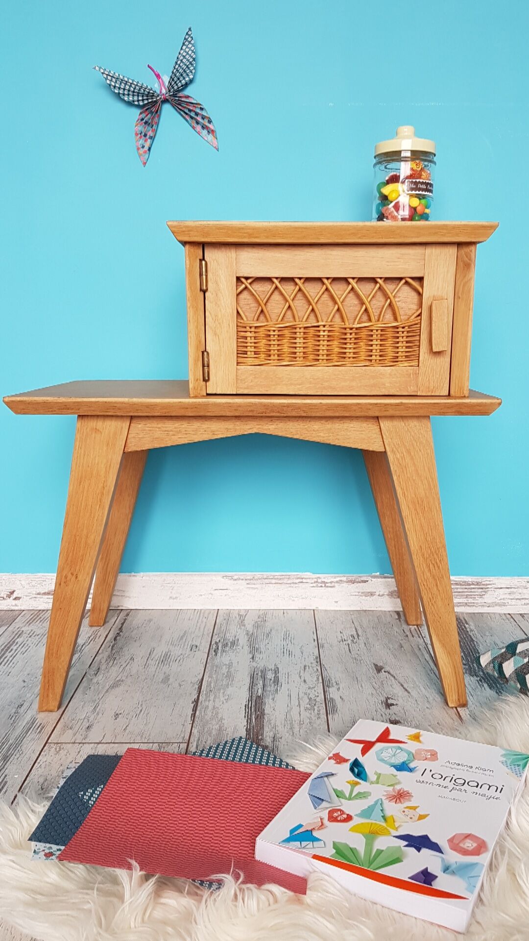 Vintage nightstand wood and rattan