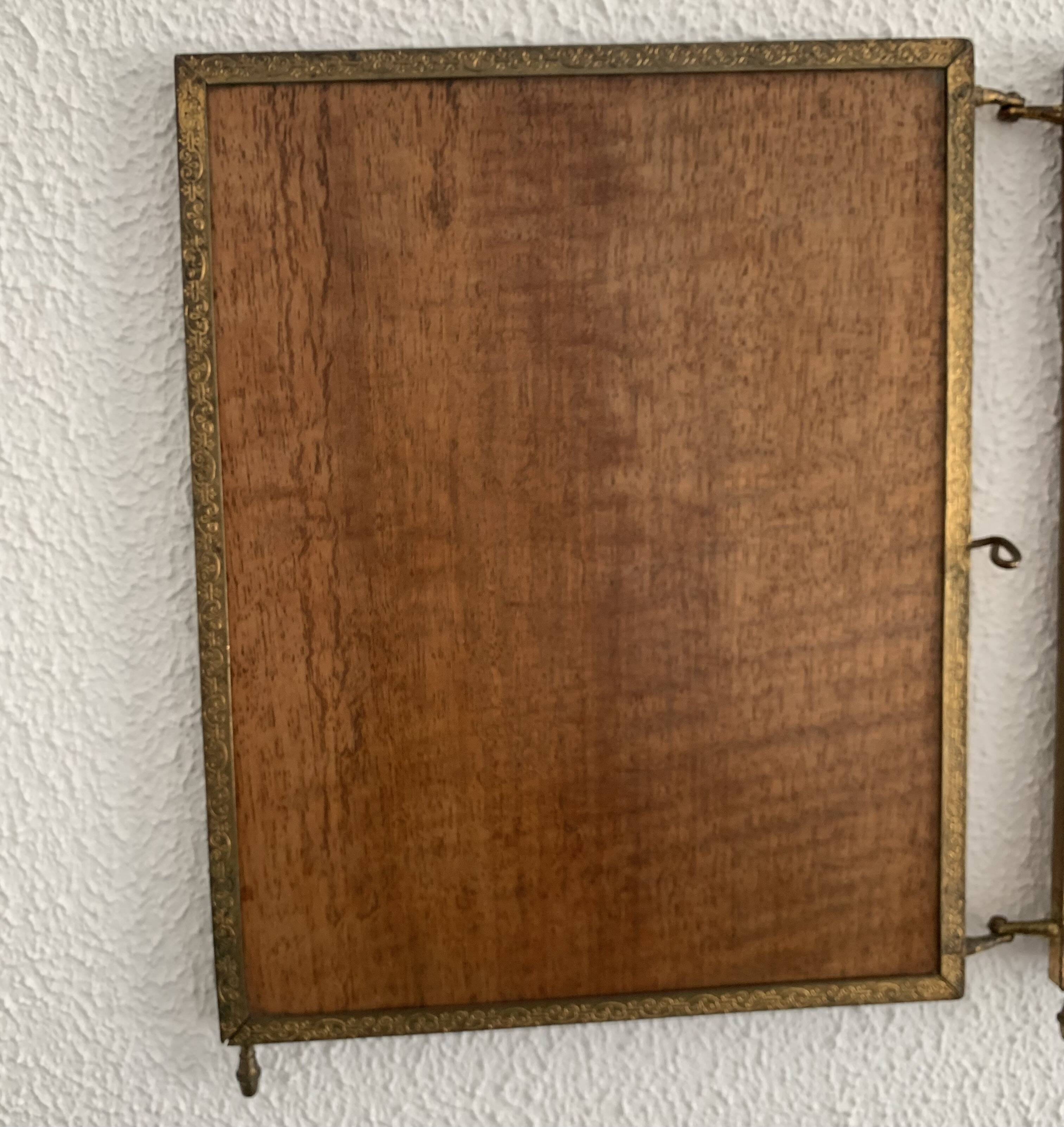 Vintage mirror 1900 barber triptych brass and wood - 29 x 70 cm