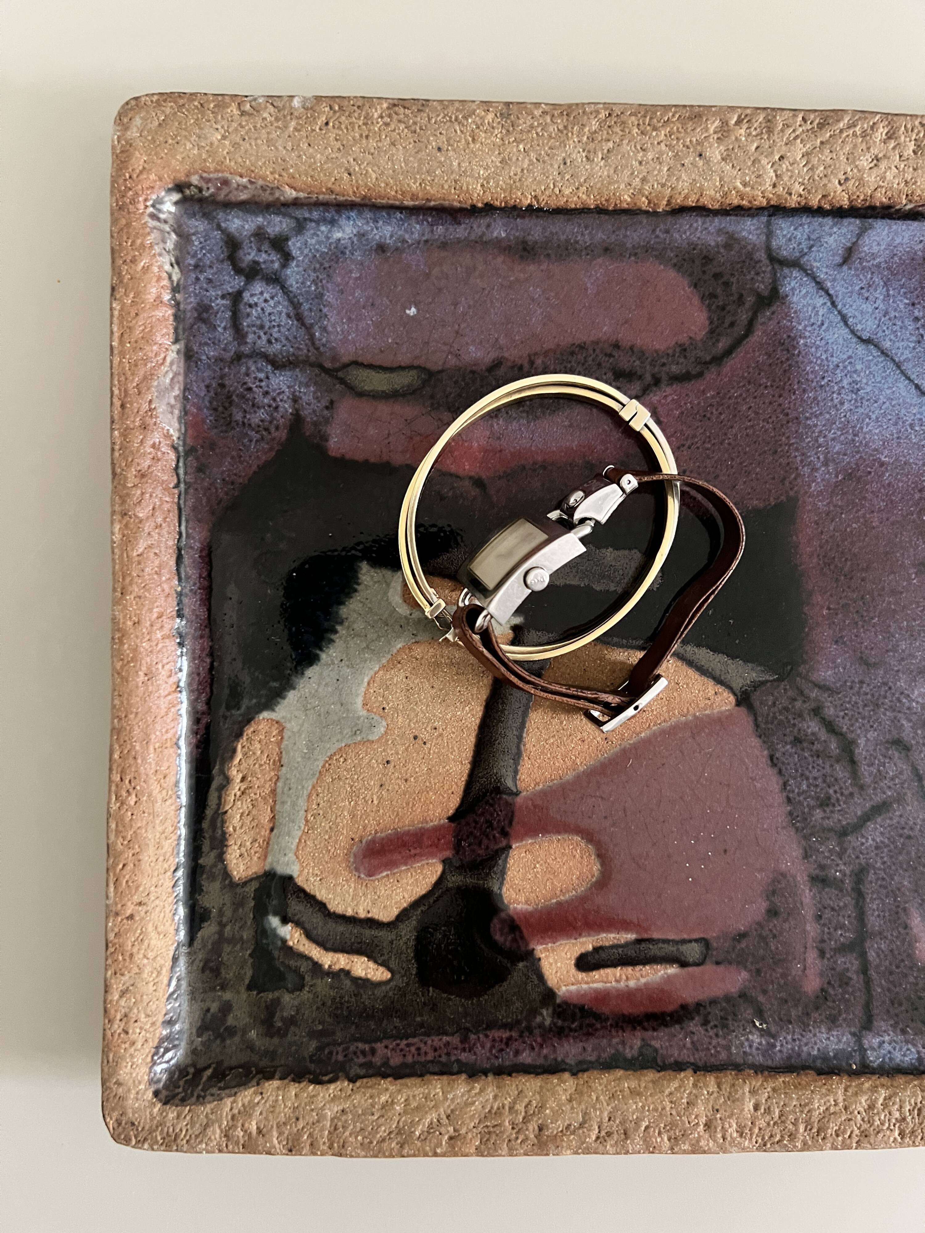 Square trinket dish in glazed ceramic, signed by F. Baudet, France 1970