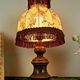 Lampe en bois vintage français tourné avec abat-jour à franges en tissu floral 3176