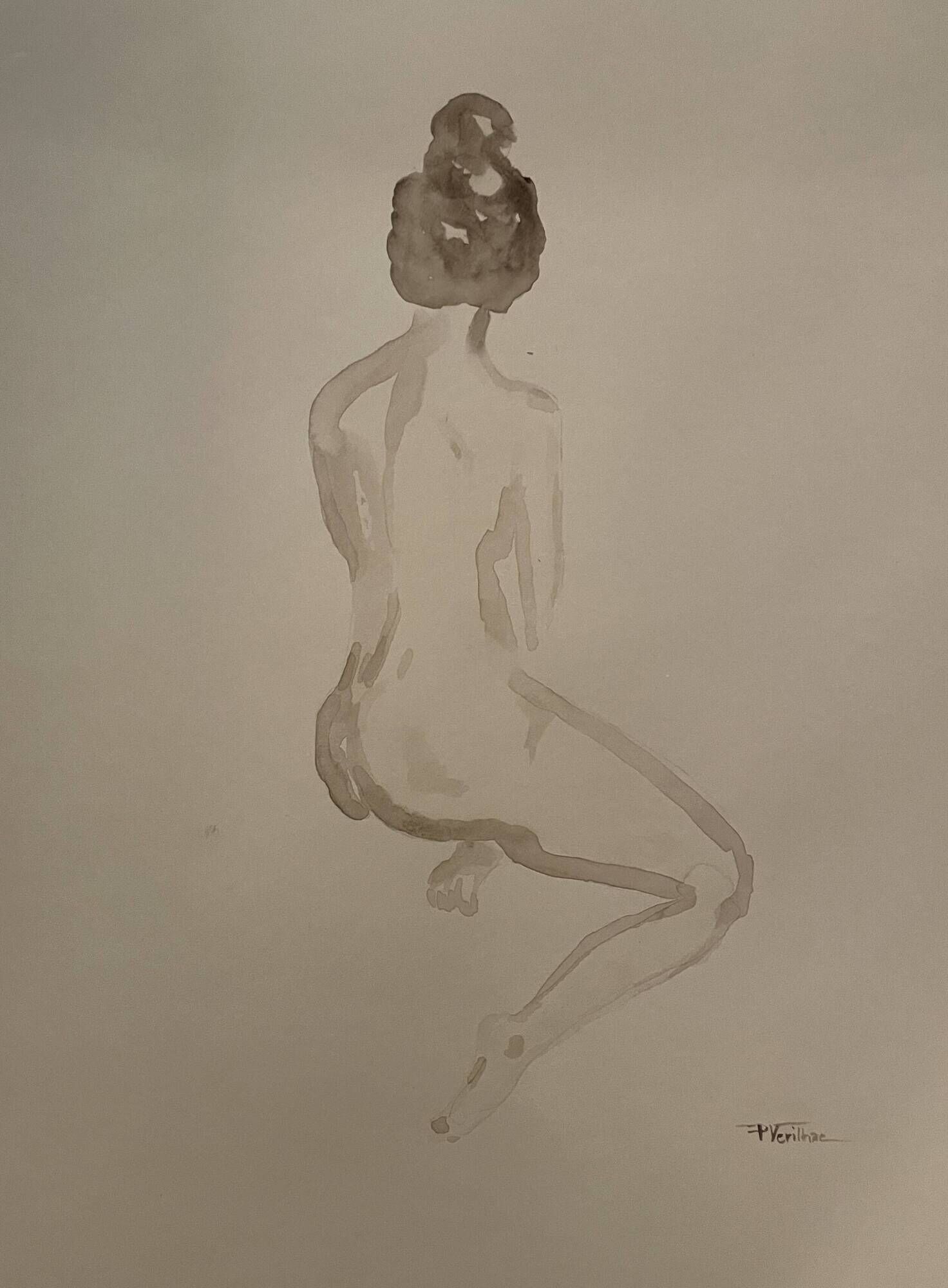 Signed painting monochrome watercolor sepia female portrait "the wait"