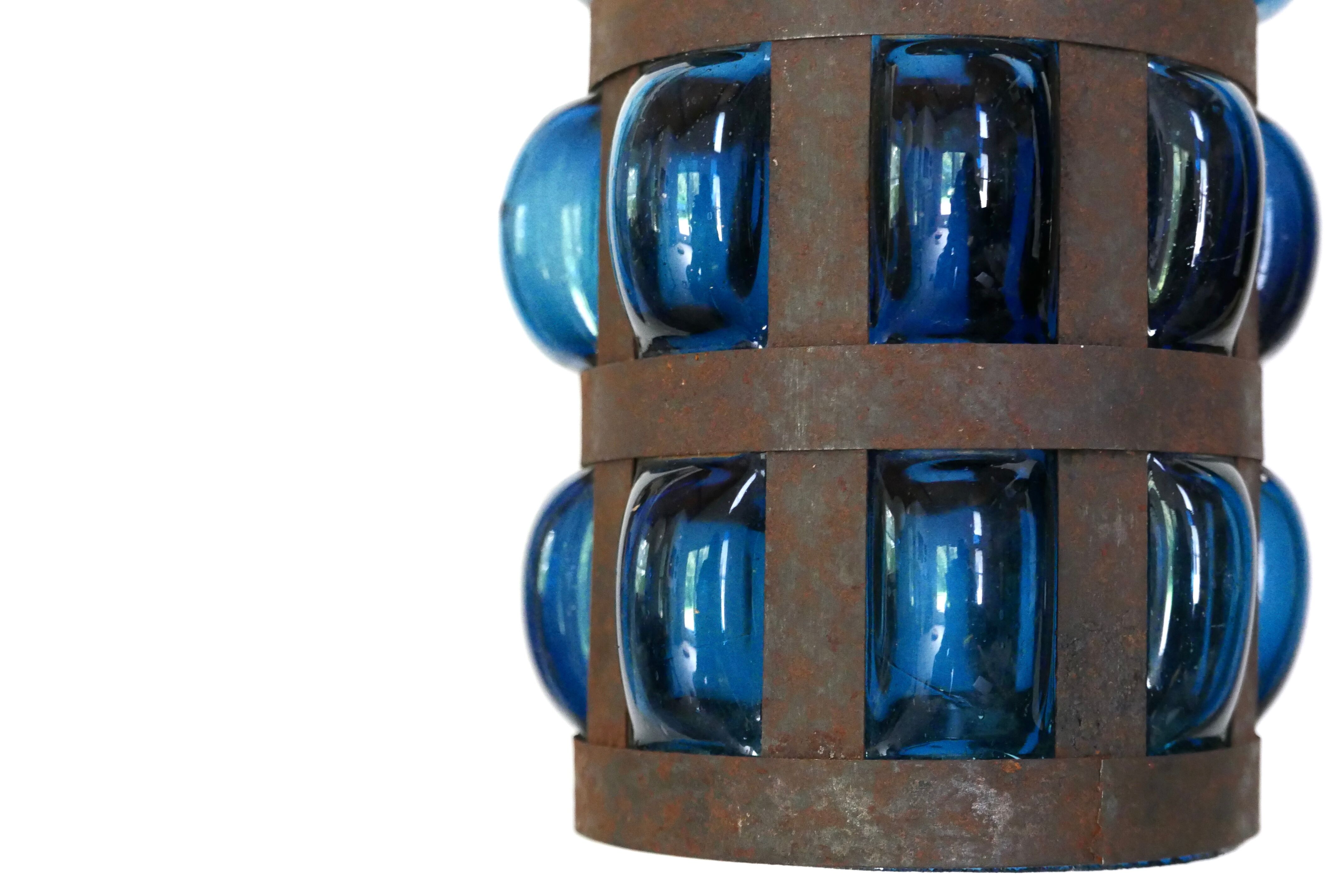 Blue blown glass and metal pendant light, 1970s