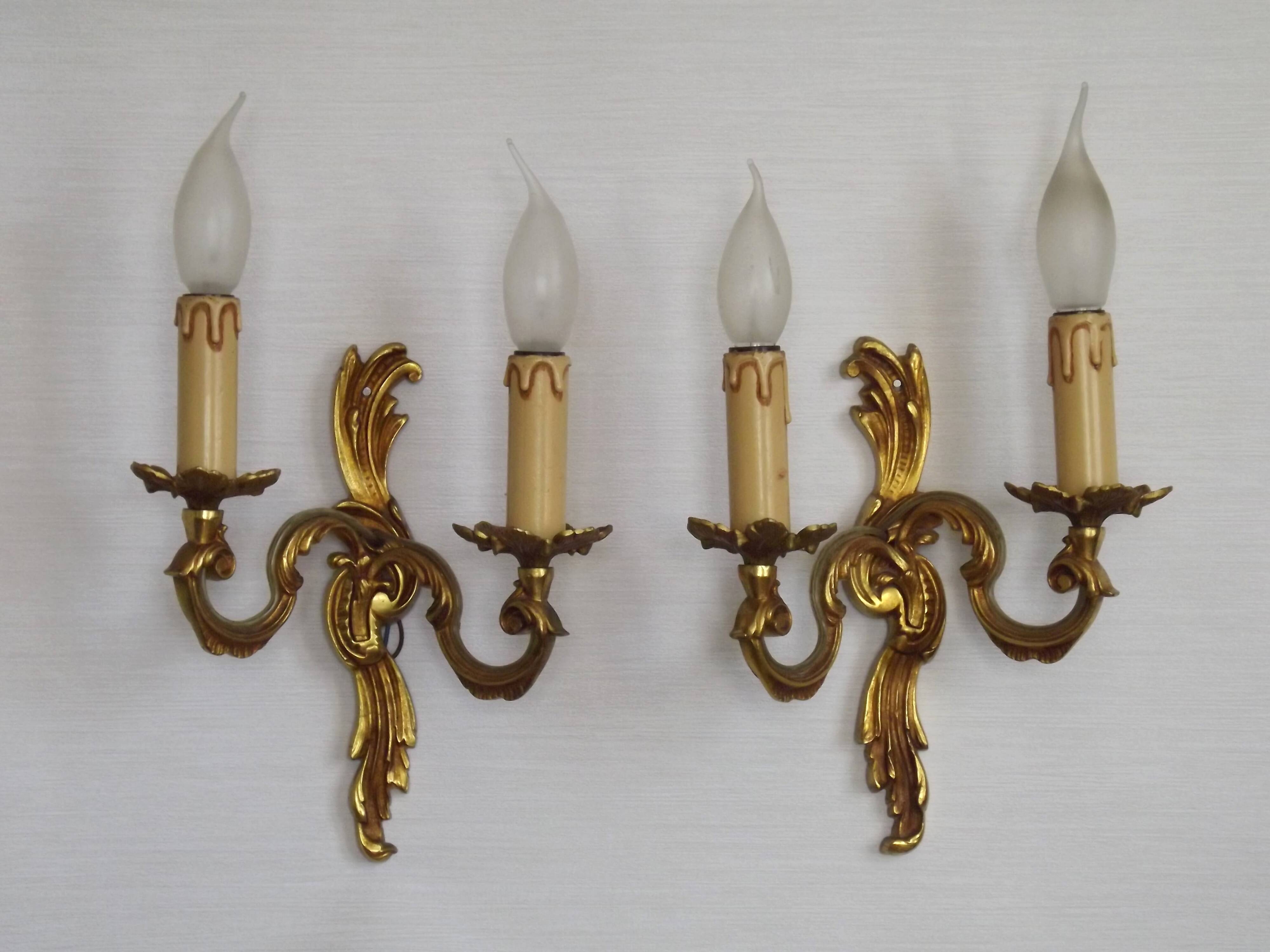 Stylish Vintage French Bronze Double Wall Sconces with Acanthus Leaf Detail