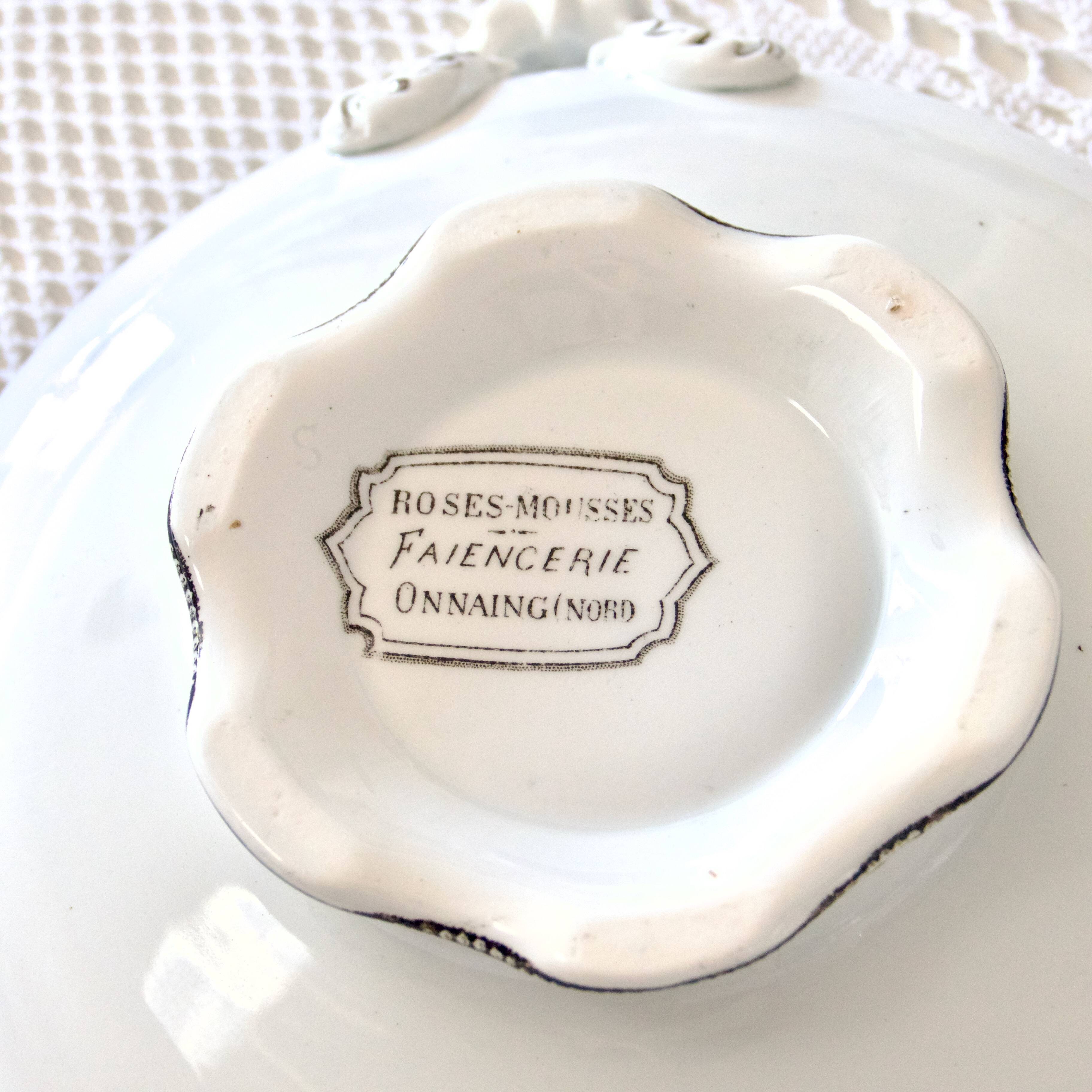 19th century vegetable dish, iron earth Onnaing, sepia, moss roses