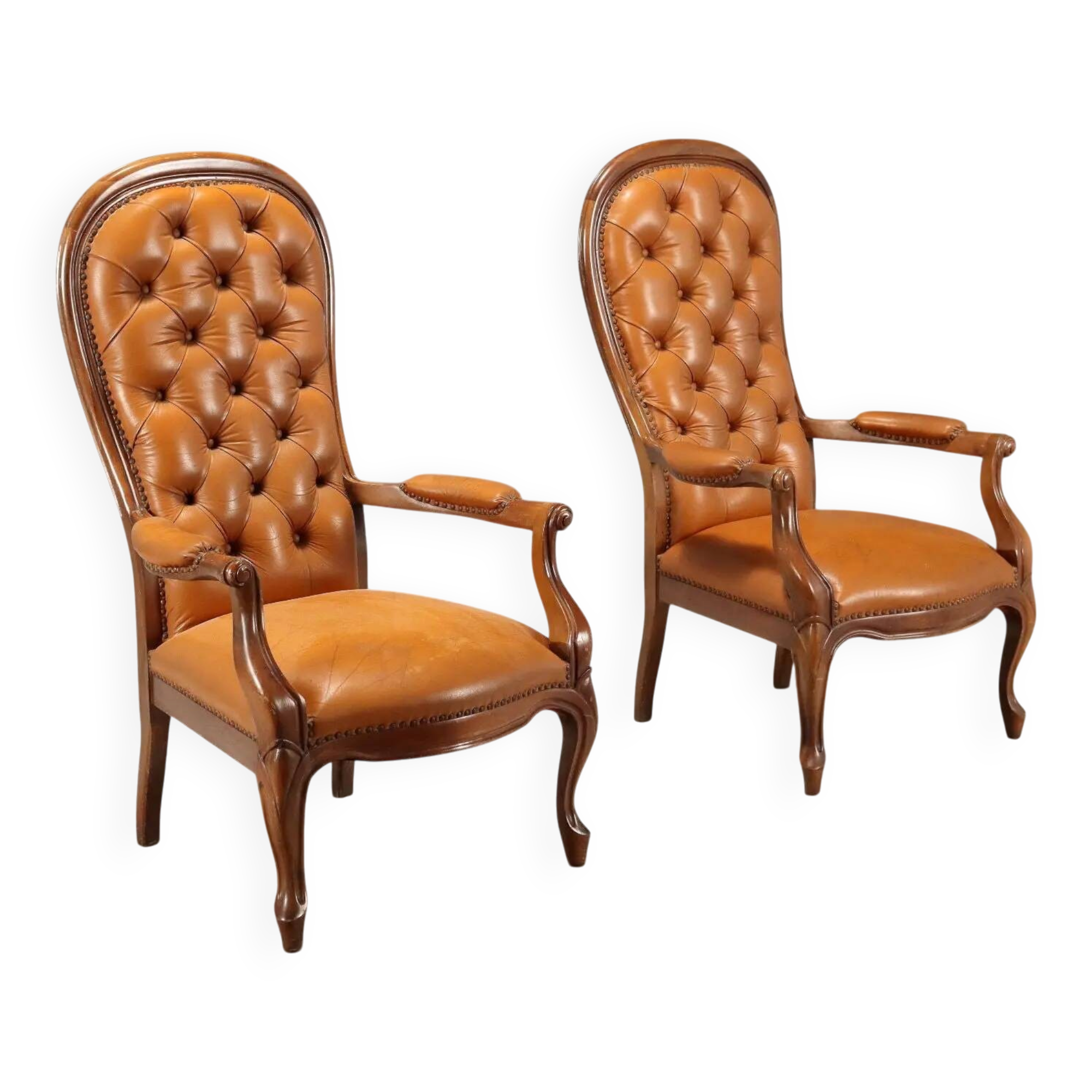 Antique walnut and leather armchairs, Italy, 20th century