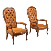 Fauteuils anciens en noyer et cuir, Italie, XXe siècle