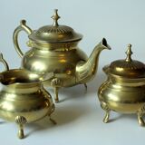 Metal teapot gold plated, inside silver plated, with milk pot and sugar bowl as a set, vintage