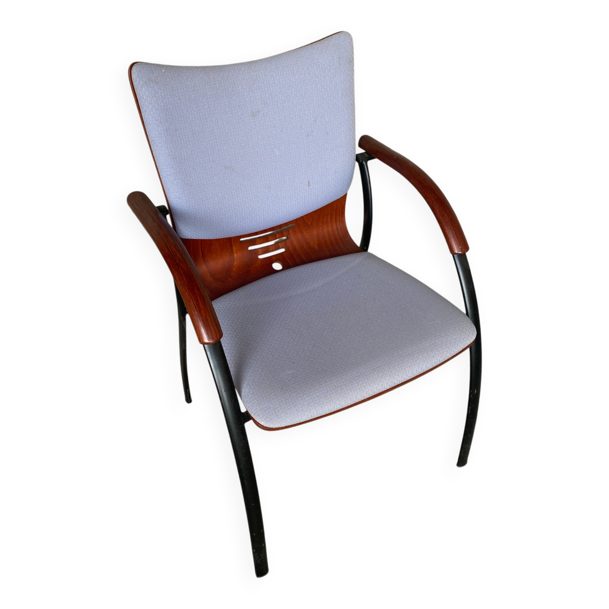 Vintage Armchair RONÉO Black Metal Legs + Dark Wood Shell + Vintage Fabric