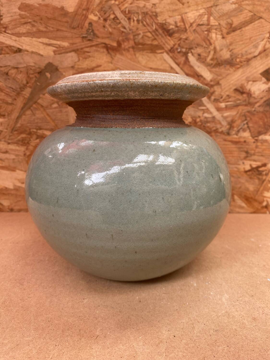 Antique vintage grey beige glazed stoneware ball vase