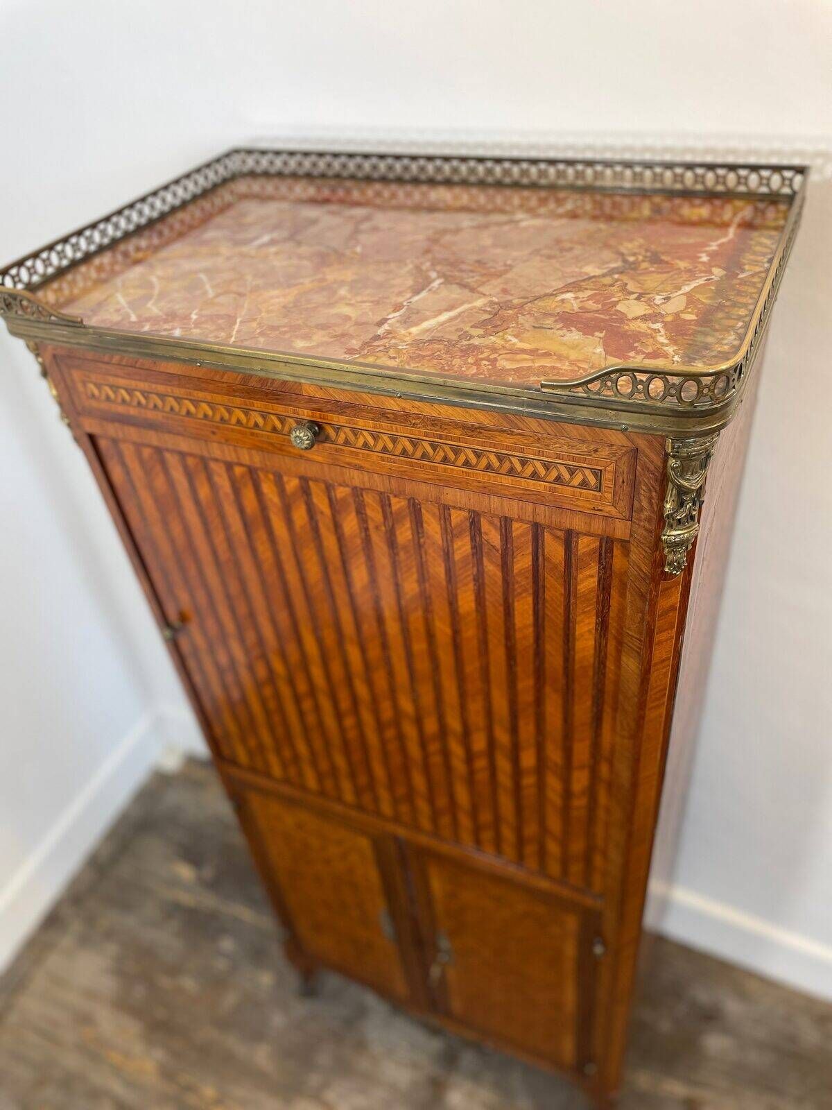 Louis XVI music cabinet, marquetry, brass gallery, marble top