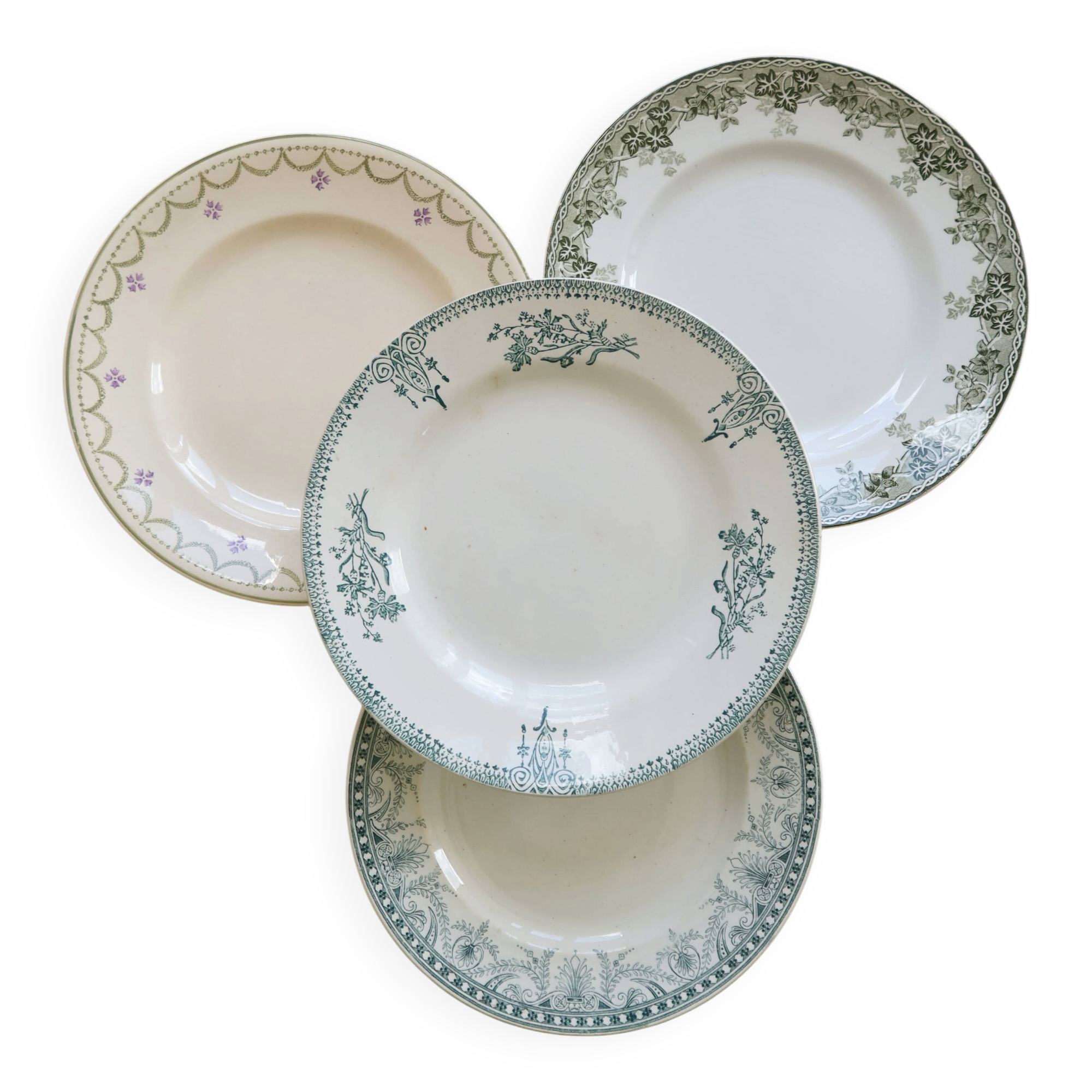 4 vintage ironstone dinner plates - Green tones