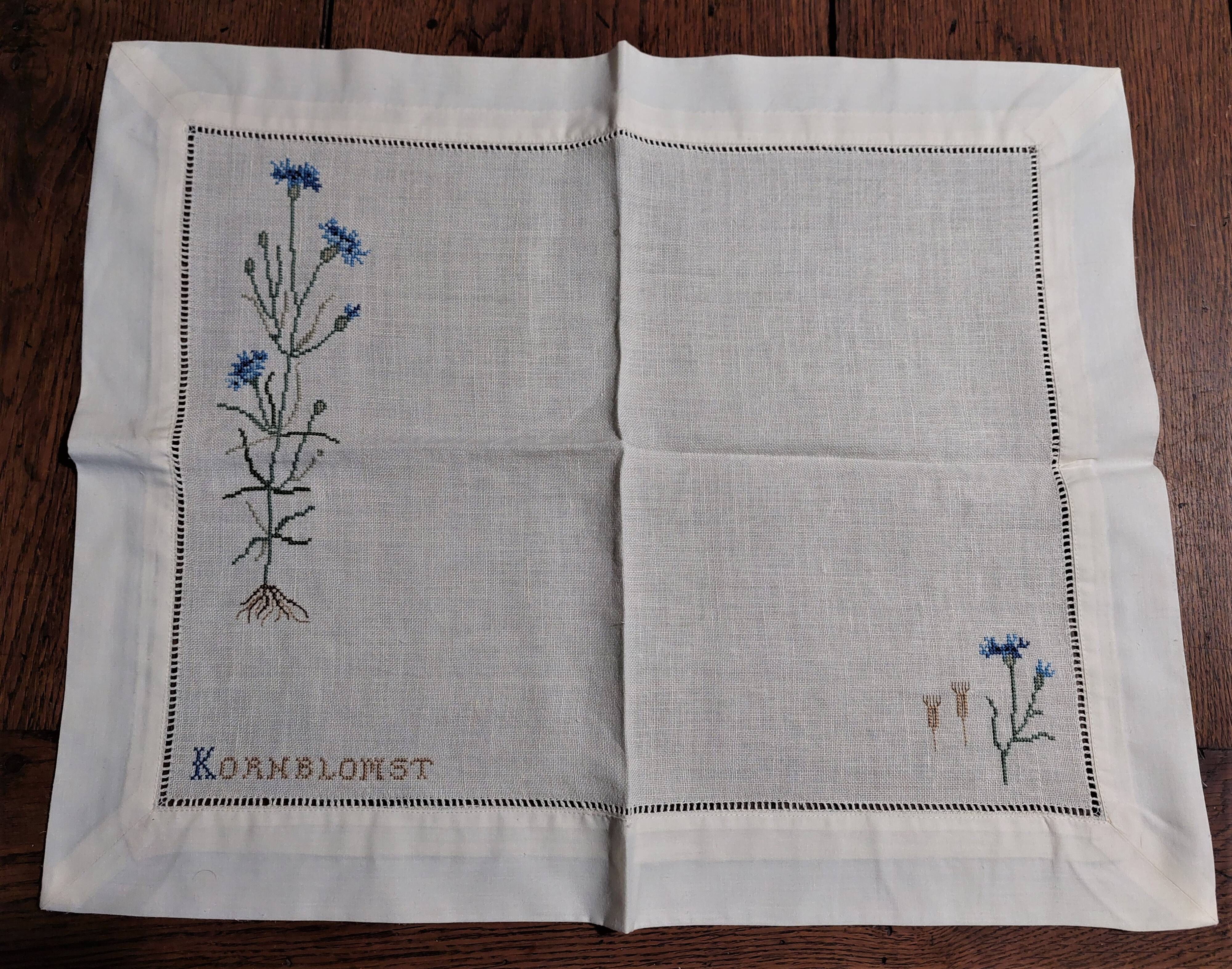 Embroidered placemats in vintage linen field flowers series of seven