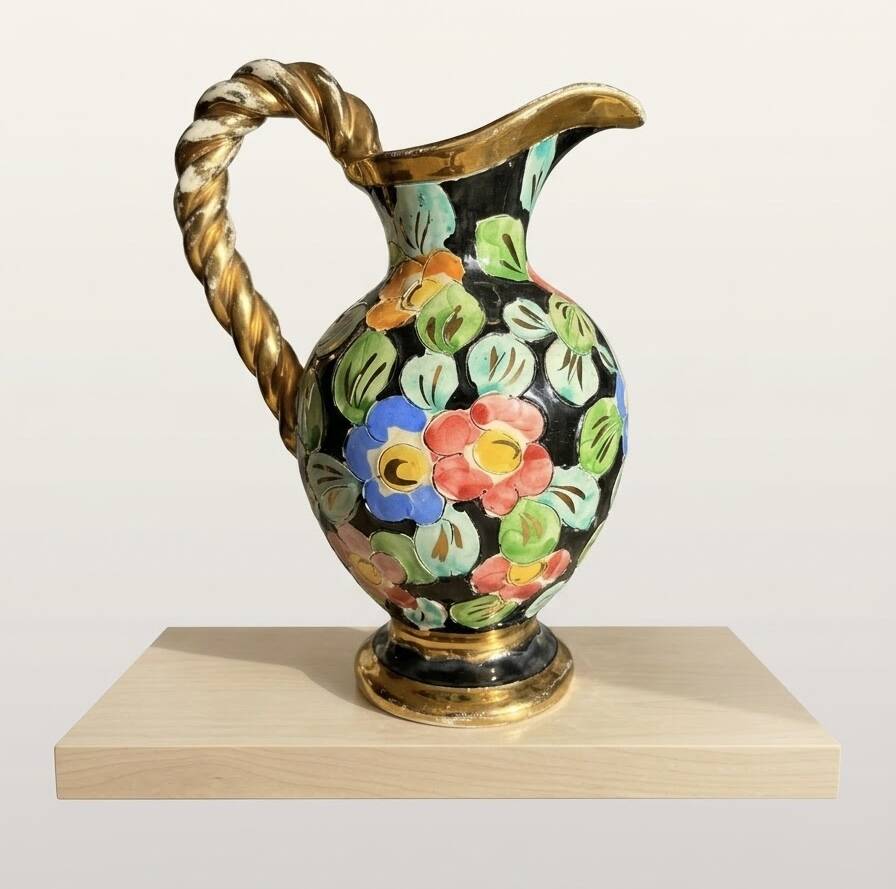 Large vintage ceramic jug from Vallauris, floral decoration and gilding.