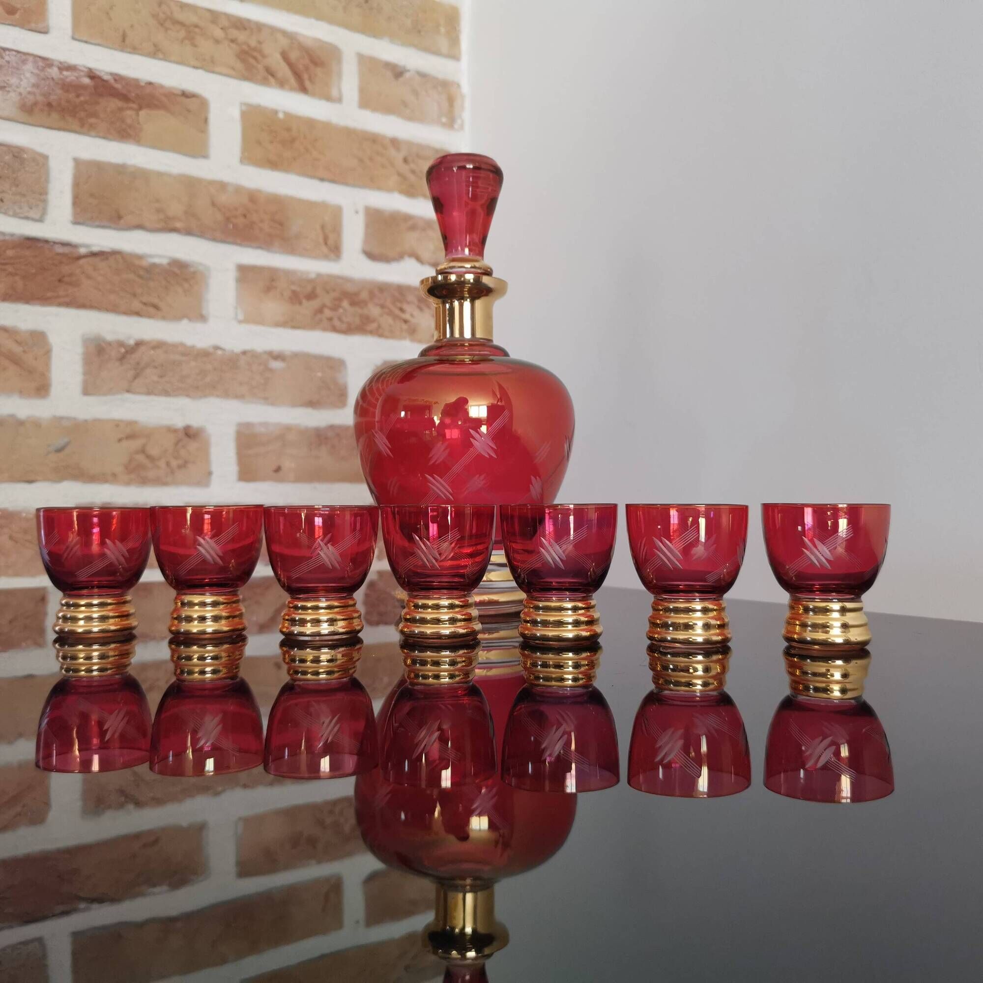 Set of 7 Art Deco glasses and carafe, Verrerie de Monaco Monte Carlo