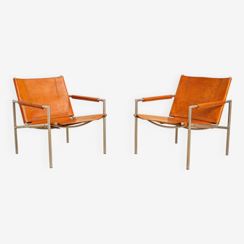 Paire de fauteuils "SZ02" cuir cognac par Martin Visser pour Spectrum 80's