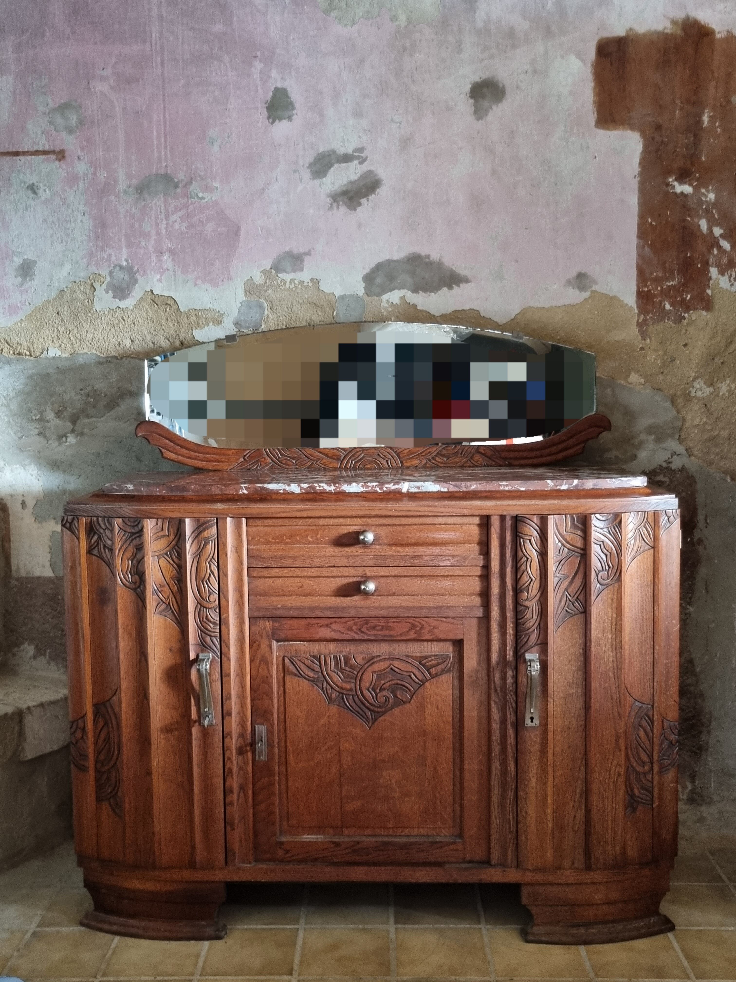 Old low art deco style sideboard, with marble and mirror