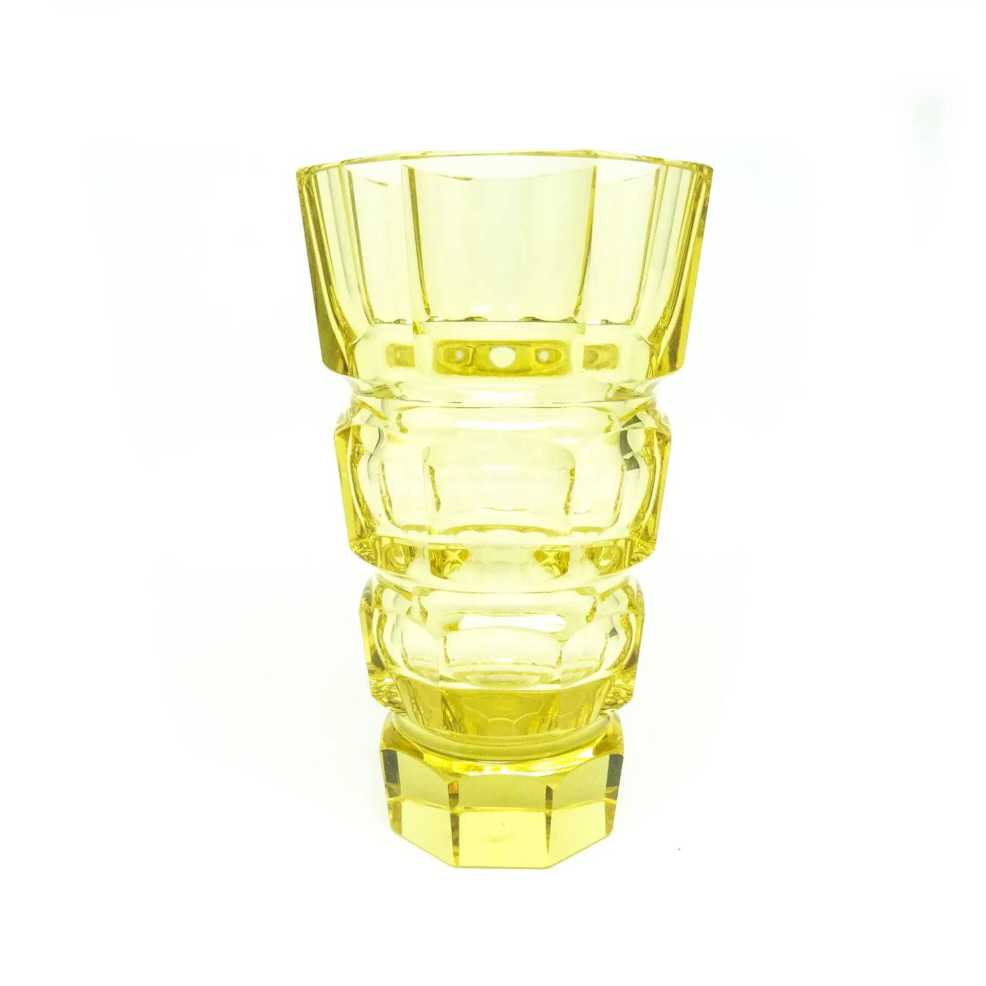 Art Deco vase, yellow crystal, design by J. Hoffmann, Moser, Czechoslovakia, 1930s