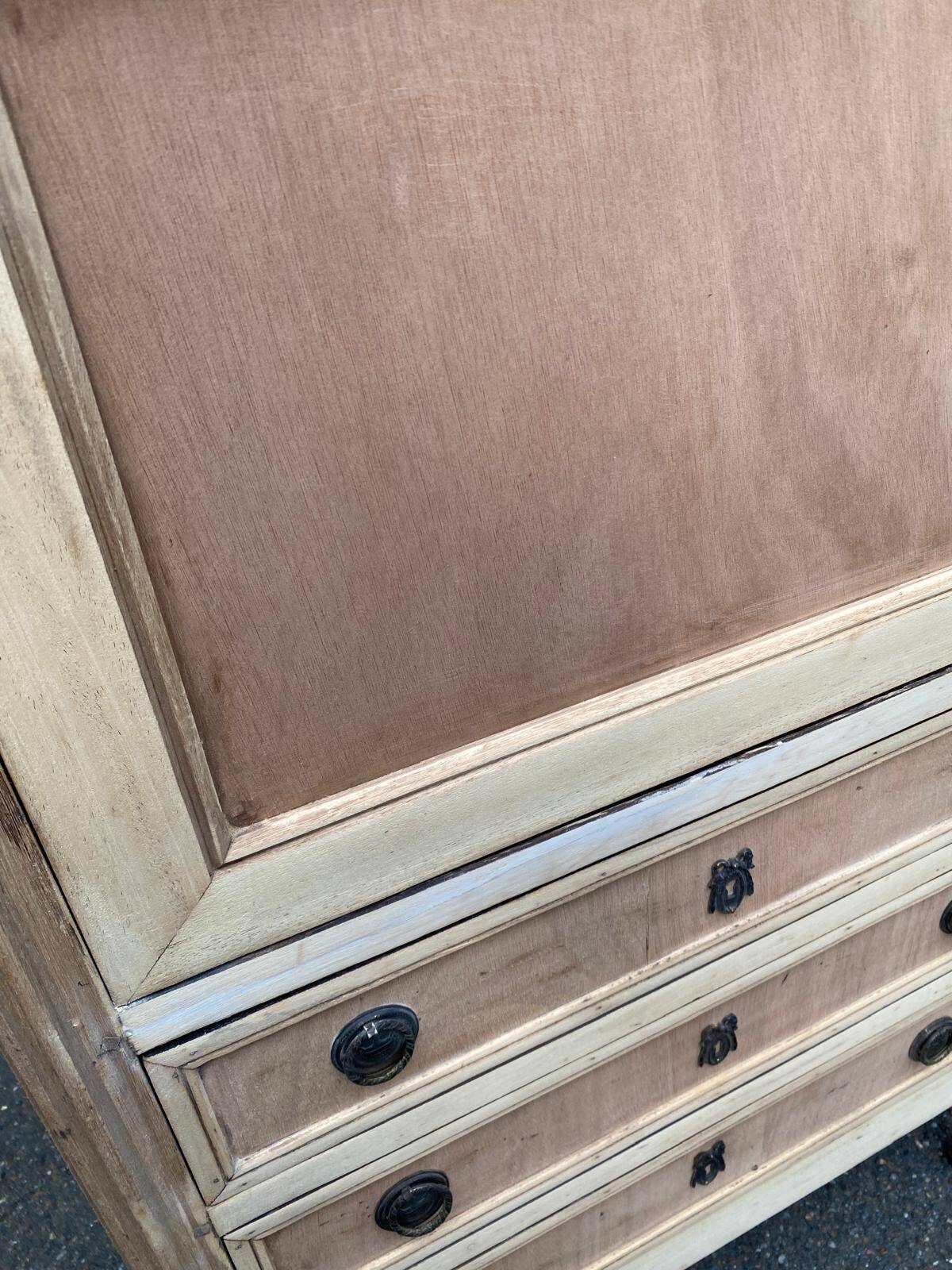 Secretary Louis XVI in stripped solid pine with a drop-down front and red leather, 1950.
