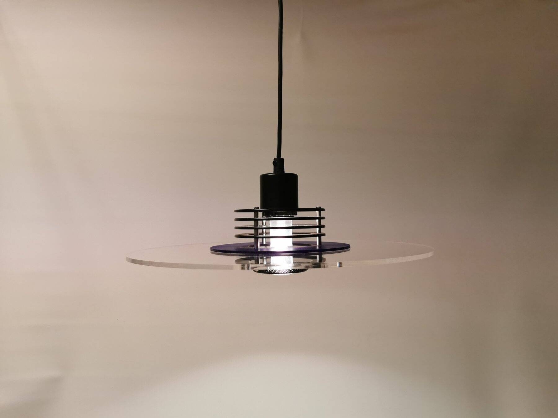 Danish space-age hanging lamp in transparent and blue plexi with black metal 1980s