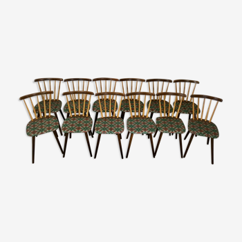 Lot de 12 chaises vintage bistrot à barreaux et pieds compas 1960’s