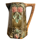 Ancien Pichet Carafe Faïence Céramique Barbotine Onnaing Vert Rose Fleurs