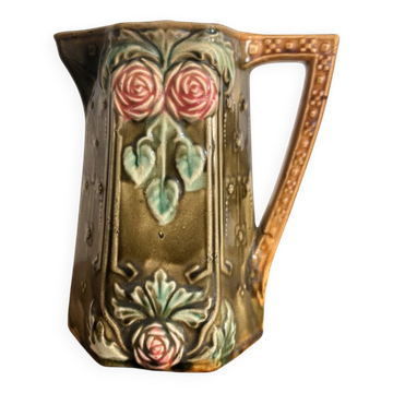 Old Jug Carafe Earthenware Ceramic Barbotine Onnaing Green Pink Flowers