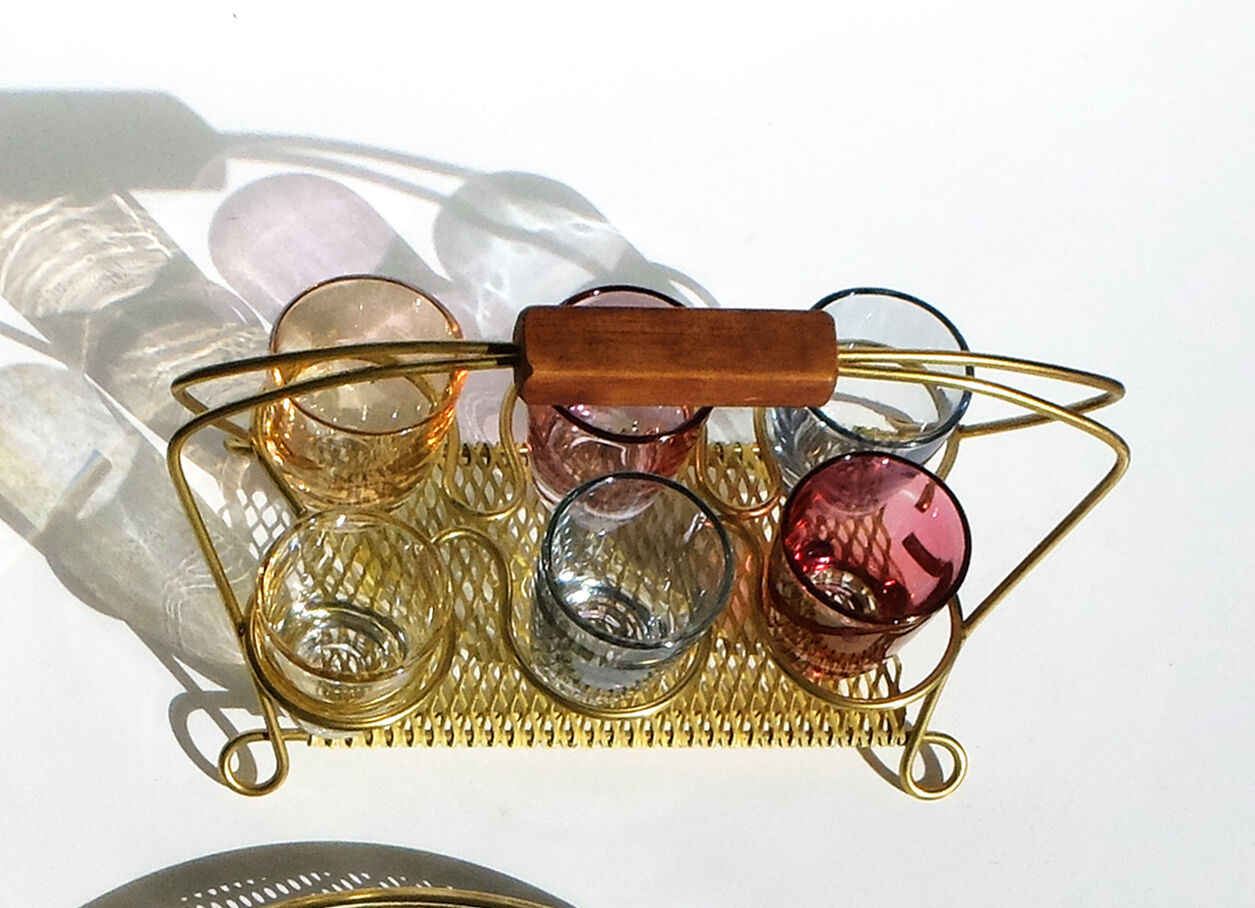 Brass liquor service and multi-color glasses Gold Display Mid-Century 1950s-60s