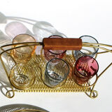 Service à liqueur laiton et verres multi-color présentoir doré Mid-Century années 1950-60